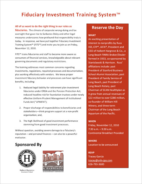 Stanislawski & Harrison Fiduciary Training System Flyer