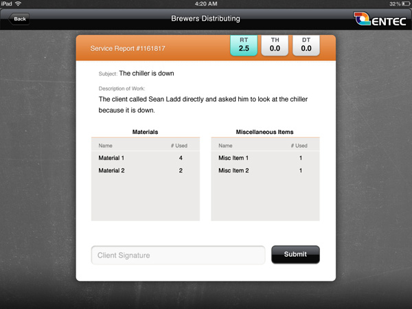 Entec Service Report iPad App